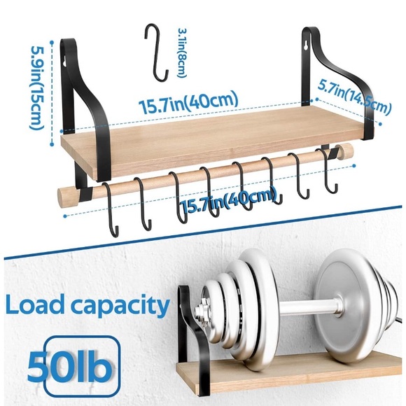 Set of 2 Rustic Wood Wall Storage Shelves + Hooks - Picture 4 of 7